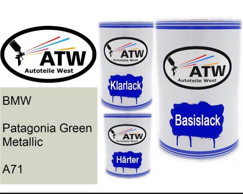 BMW, Patagonia Green Metallic, A71: 500ml Lackdose + 500ml Klarlack + 250ml Härter - Set, von ATW Autoteile West.